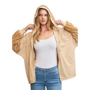Umgee Women Small Tan with Sequin Accents Hooded‎ Hook Closure Jacket NWT